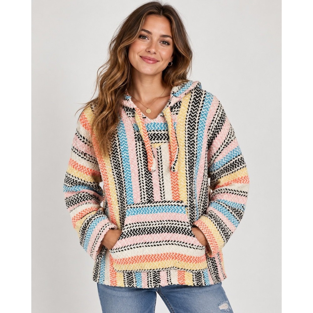 Earth Ragz Baja Hoodie Womens Small Multicolor Striped Pullover Boho Mexican
